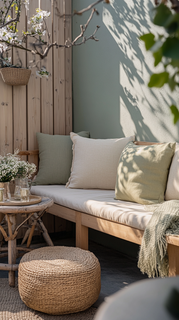 Cozy seating area under a compact pergola with linen cushions and poufs