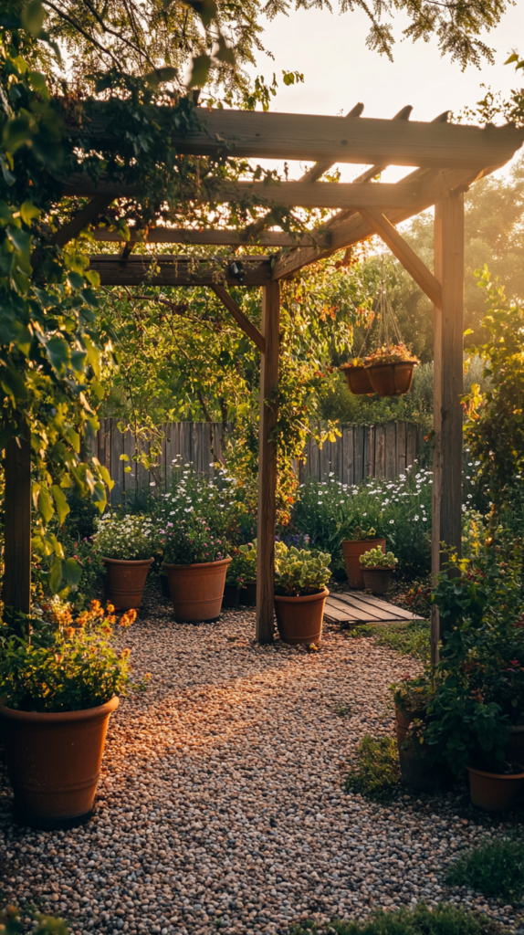 Corner garden with small wooden pergola and blooming spring plants