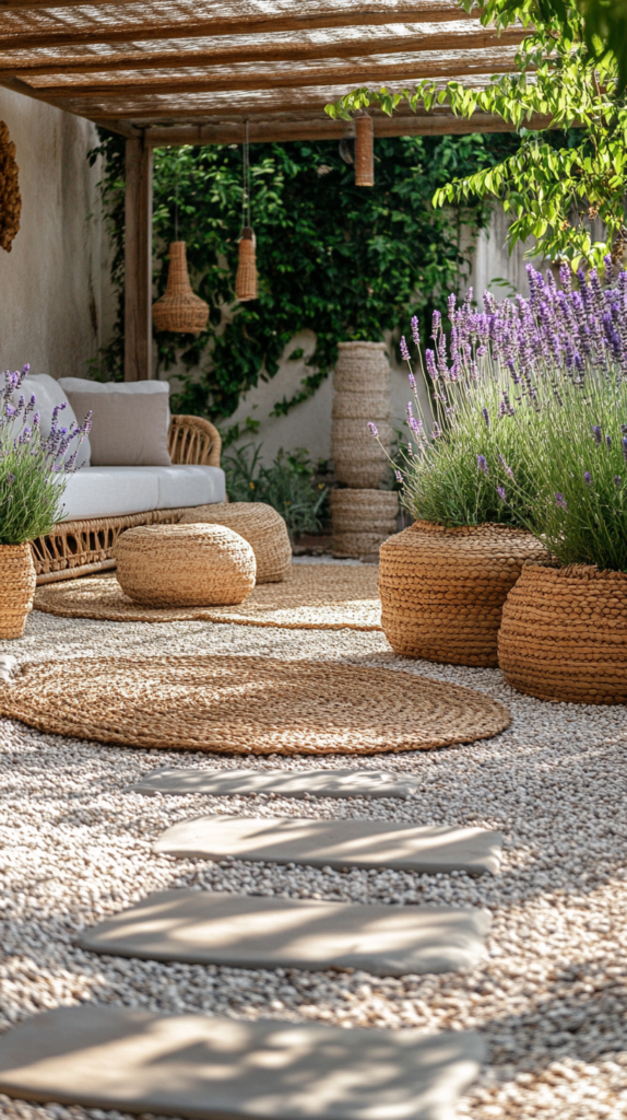Pergola corner with gravel, potted herbs, and layered cozy rugs