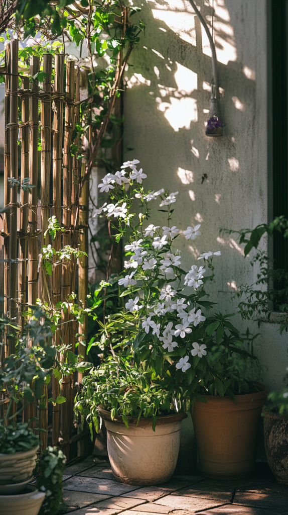 Corner pergola glowing with string lights and warm ambient lighting