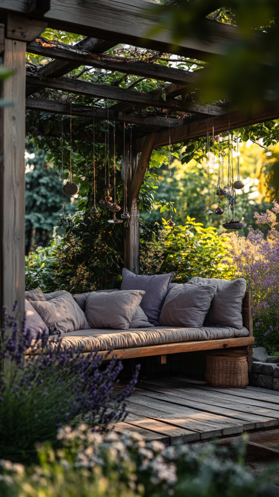 Outdoor sensory retreat corner with sound, scent and texture