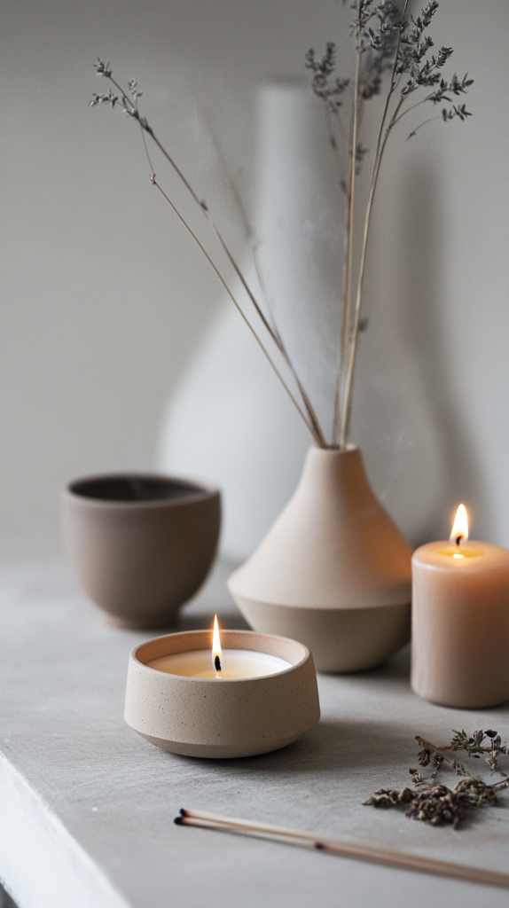 Air dry clay incense holder styled with candles and spring herbs.