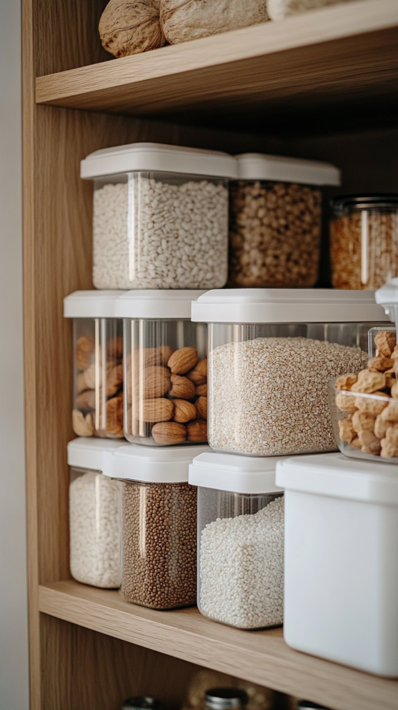 Stackable airtight containers holding rice, flour, and nuts on open wooden shelves