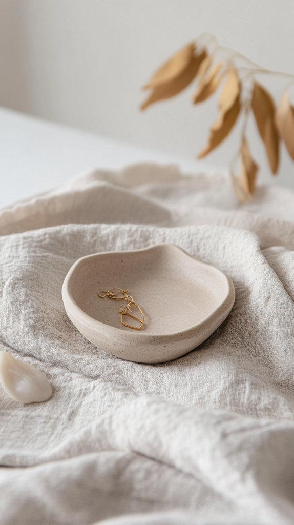 Minimalist air dry clay dish styled with rings and soft linen in warm neutral tones.