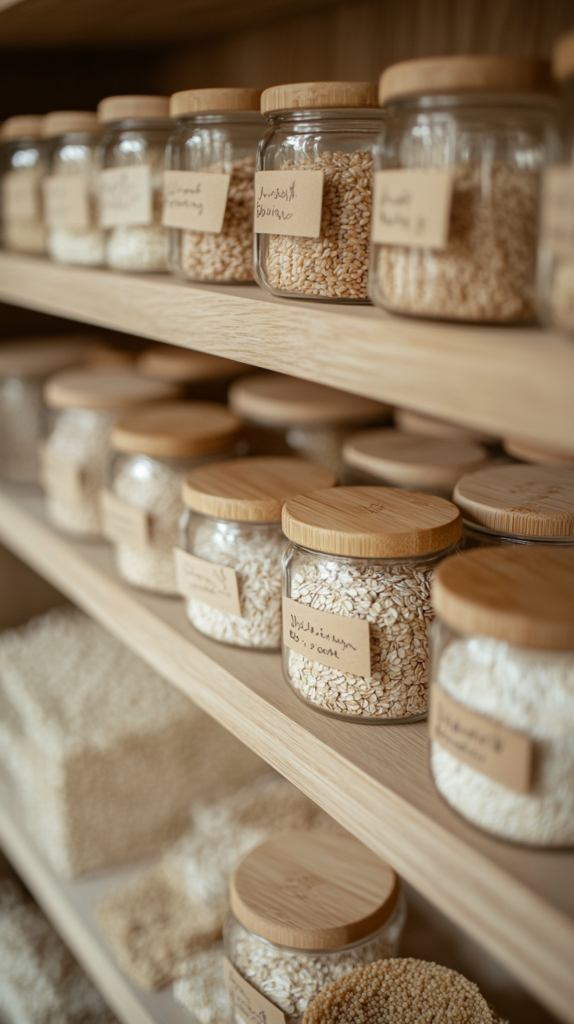 Minimal pantry shelf with clear glass jars holding oats, pasta, and legumes