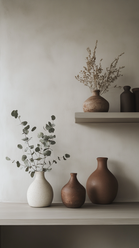 Shelf with handmade stoneware vases in a cozy natural living room