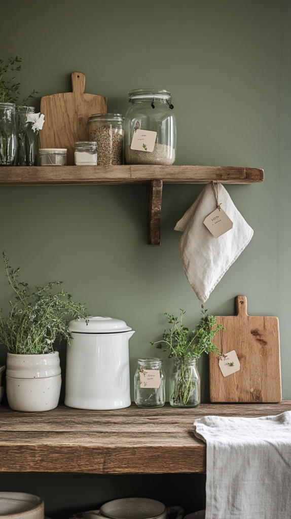 Ceramic compost bin with lid on kitchen shelf, next to glass jars with dried herbs and neutral-toned kitchen towels