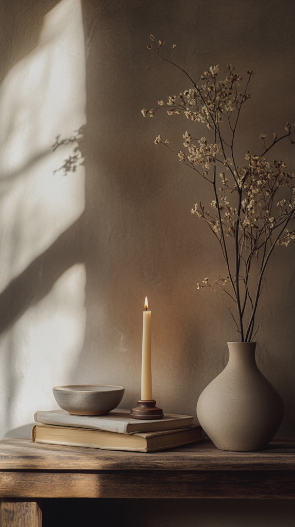 Shelf corner with beeswax candle, book stack and wooden incense tray