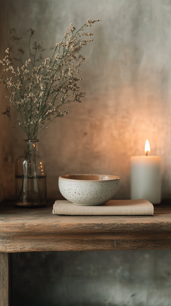 Shelf detail showing handmade ceramic bowl and textured linen book cover