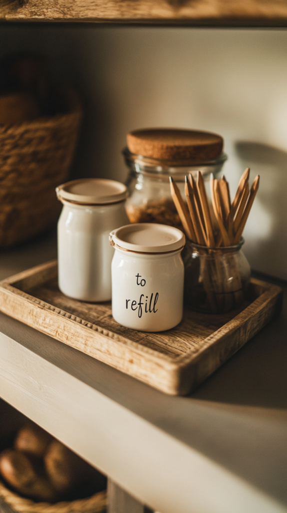 Wooden tray marked “to refill” with empty containers and grocery list pad on shelf