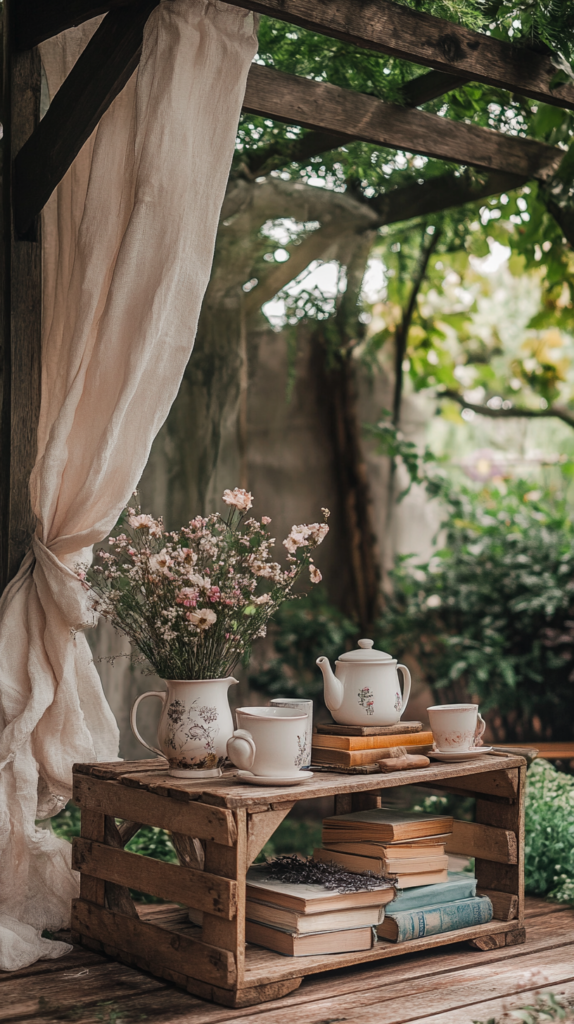 Garden table setup under pergola with tea and books
