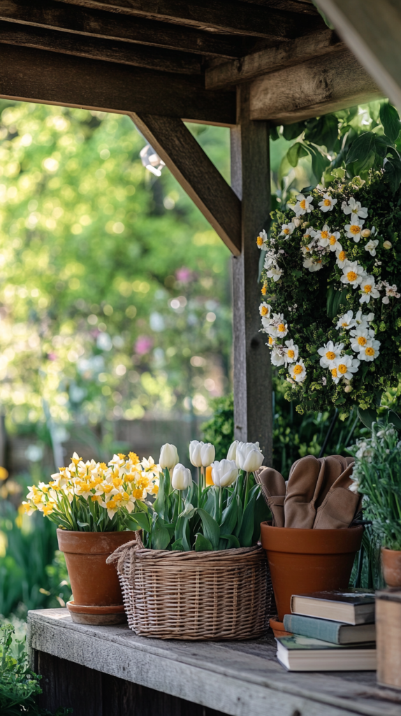 Seasonal spring accents around a cozy corner pergola