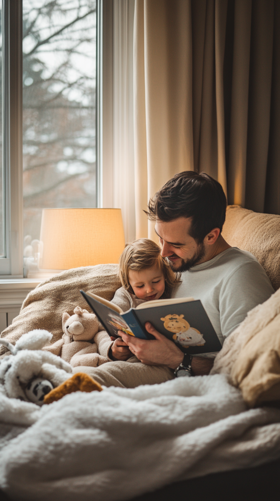 Reading corner with parent and toddler sharing books in warm light