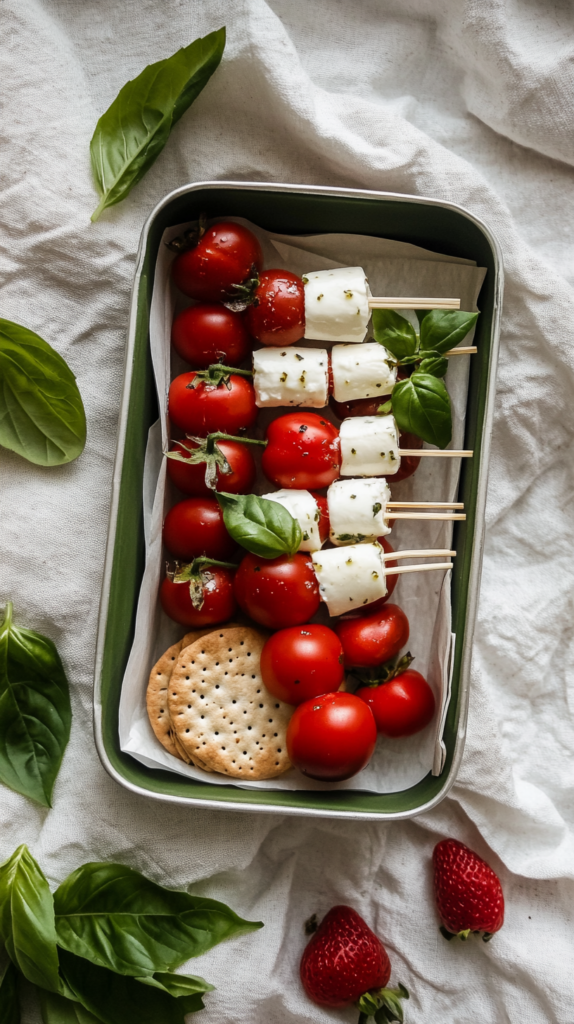 Lunchbox with tomato mozzarella skewers, crackers, and strawberries