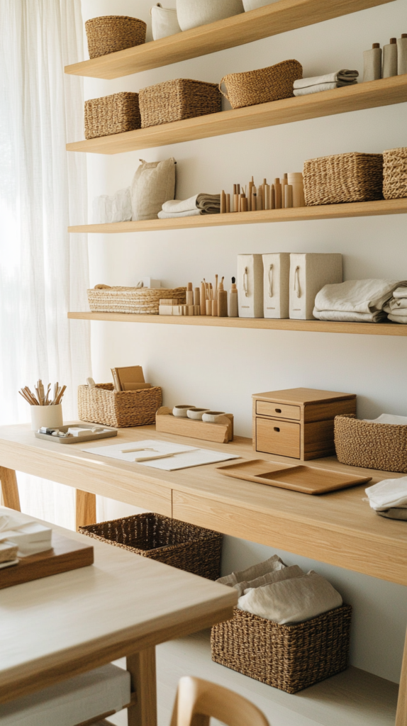 Home office setup with woven baskets, tidy shelves, and neutral minimalist desk organizers