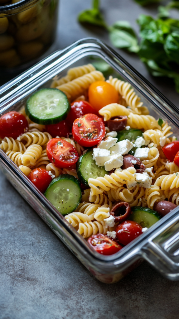 Bento lunchbox with Mediterranean pasta salad and colorful toppings