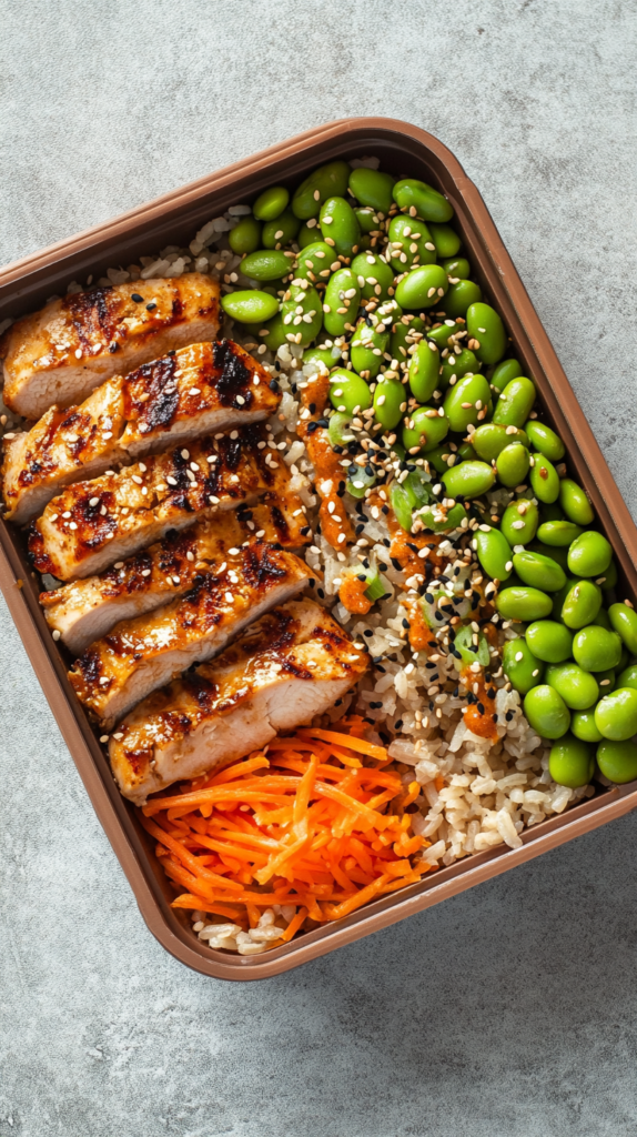 Cold chicken rice bowl with vegetables and sesame in meal prep box