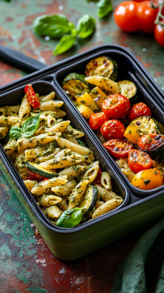 Lunchbox with pesto pasta and colorful roasted vegetables