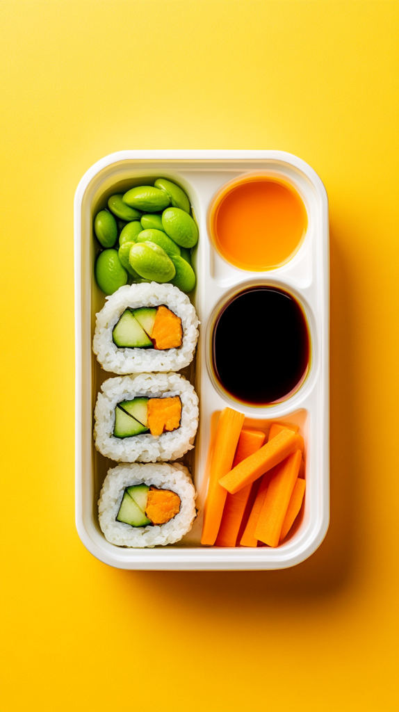 Bento lunchbox with veggie sushi rolls and edamame
