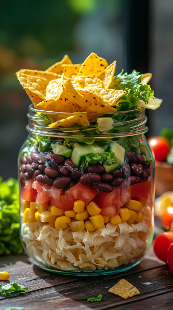 Mason jar filled with taco salad layers and tortilla chips on the side