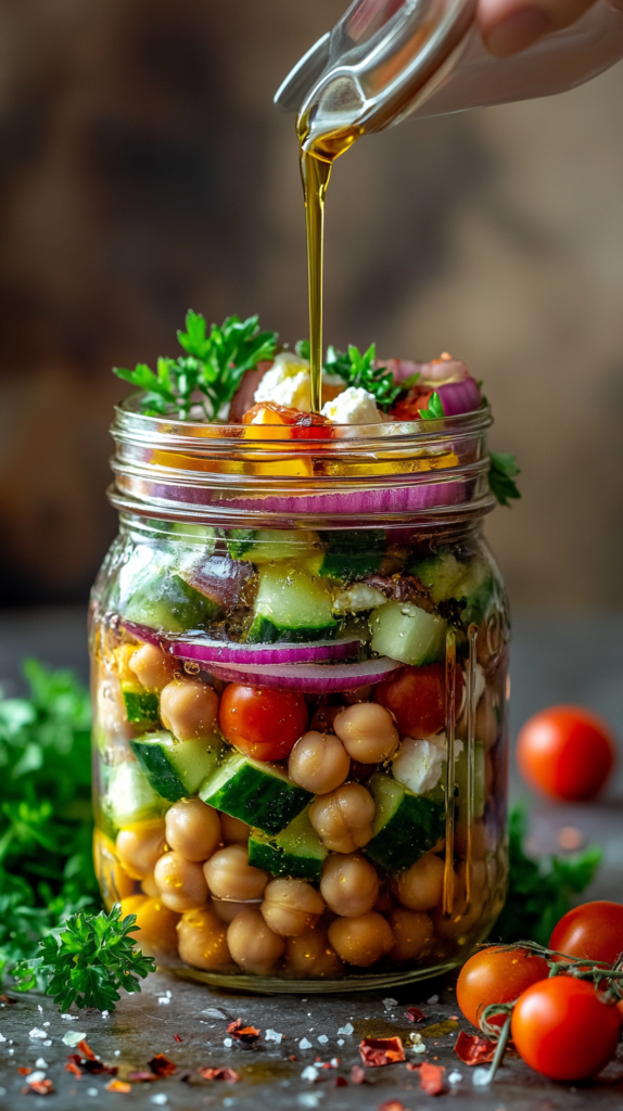 Greek chickpea salad layered in mason jar with colorful vegetables