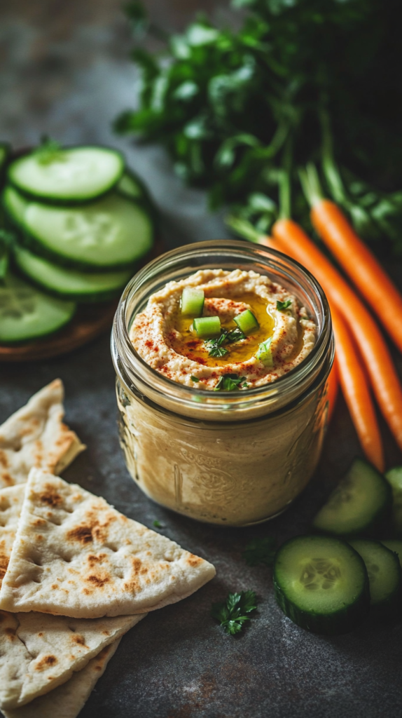 Hummus snack jar with fresh veggies and pita, layered in a mason jar
