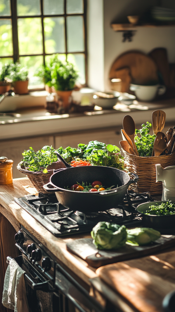 Home kitchen scene with simple slow cooking and fresh ingredients