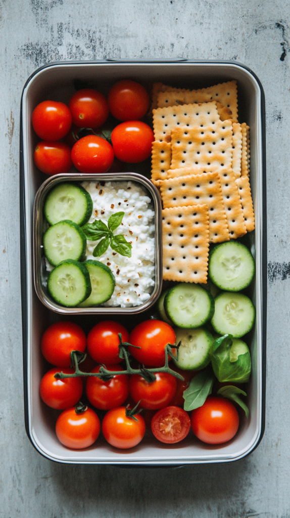 Balanced lunchbox with cottage cheese, crackers, and veggies