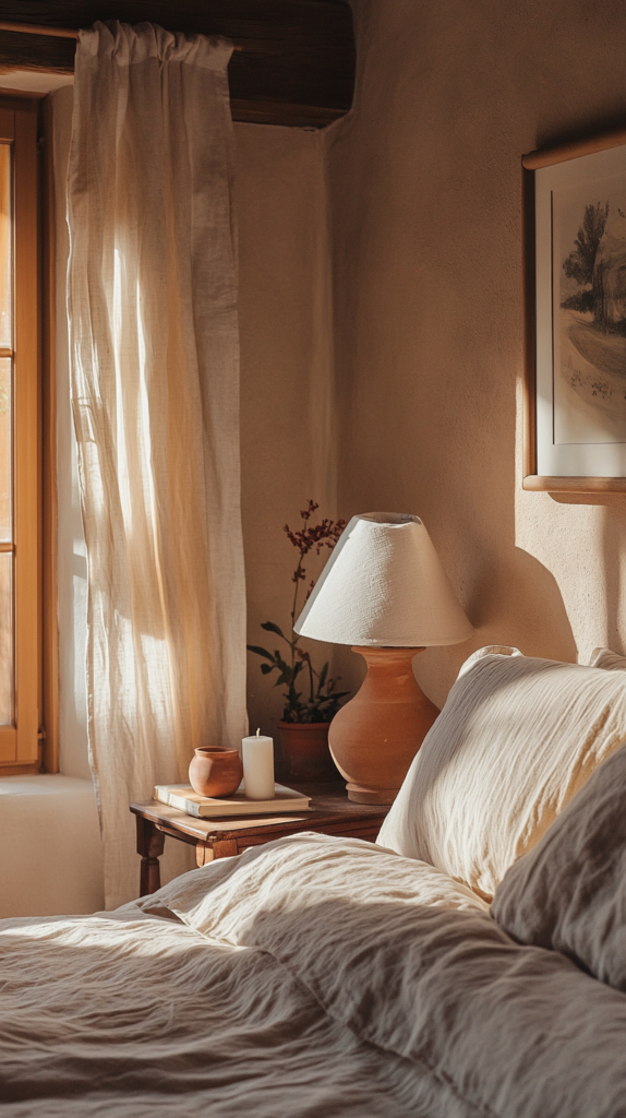 Cozy earthy bedroom with warm layered lighting and linen textures