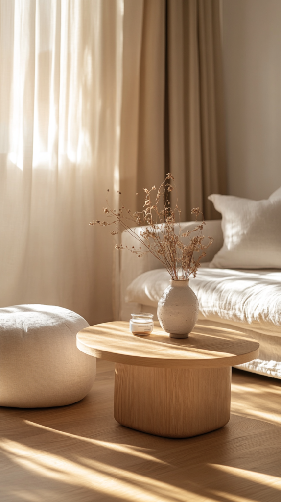 Bright modern apartment corner with linen sleeper sofa, lift-top coffee table, and pouf with hidden storage β minimal and functional.