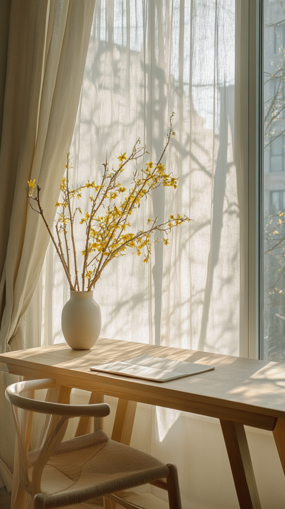 Bright home office with oak desk, spring blossoms, and linen curtains by a sunny window