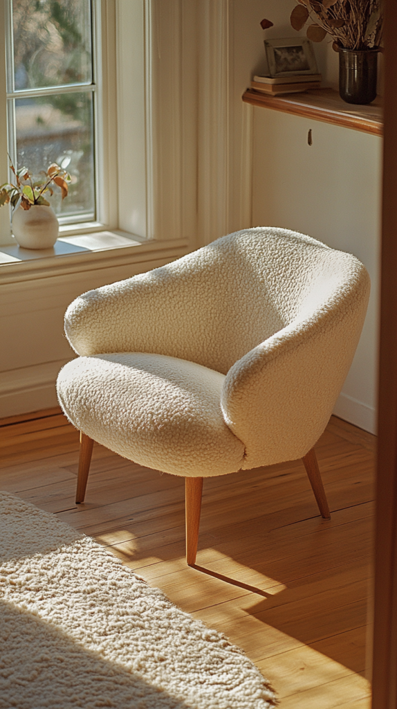 Midcentury-style office chair with soft upholstery and textured rug in natural tones