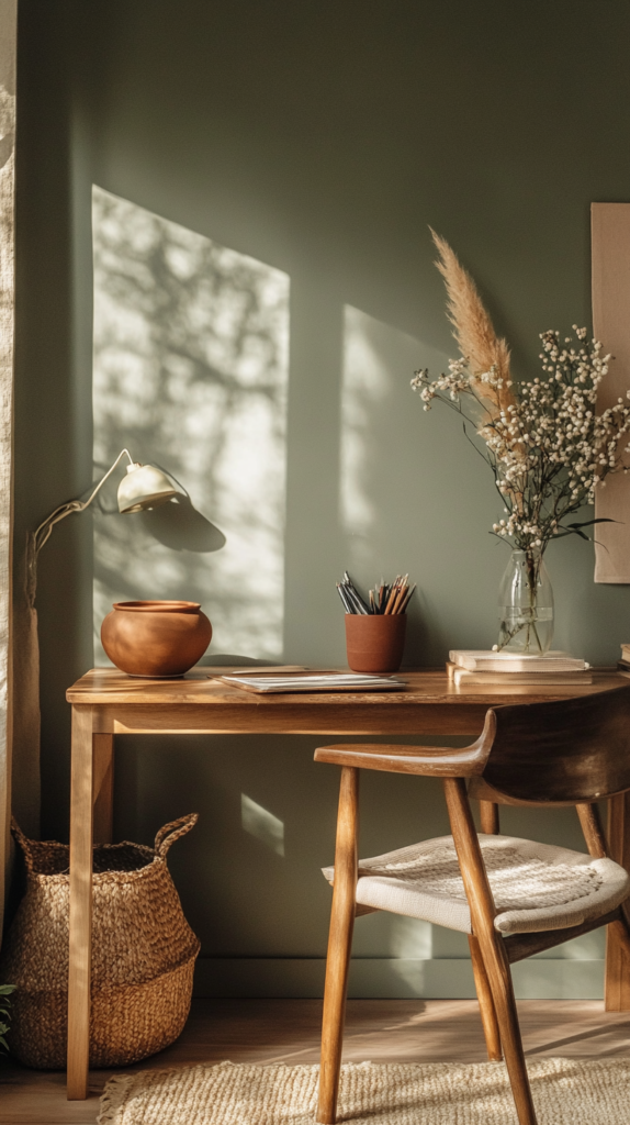 : Spring home office with earthy colors, sage walls, and warm ceramics