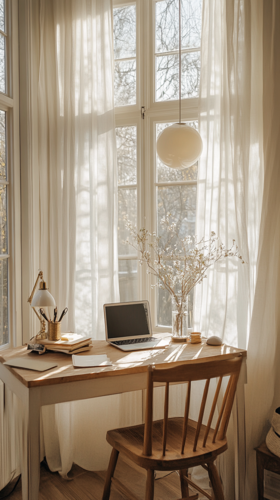 Soft lighting layers in spring home office with desk lamp, pendant, and window light