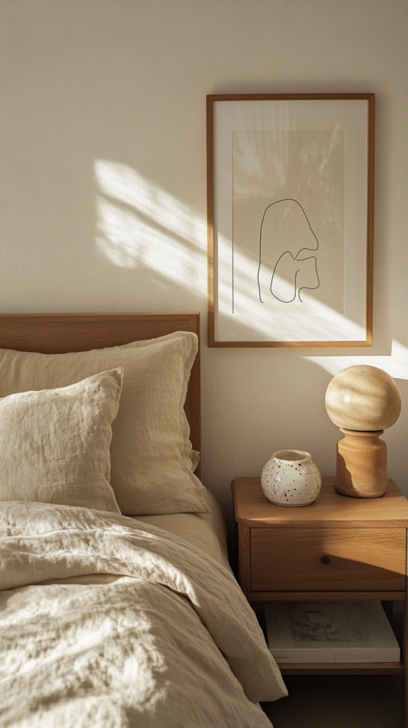 Minimalist bedroom with soft bedding, cozy layers, a small side table and pendant light β inviting and styled.