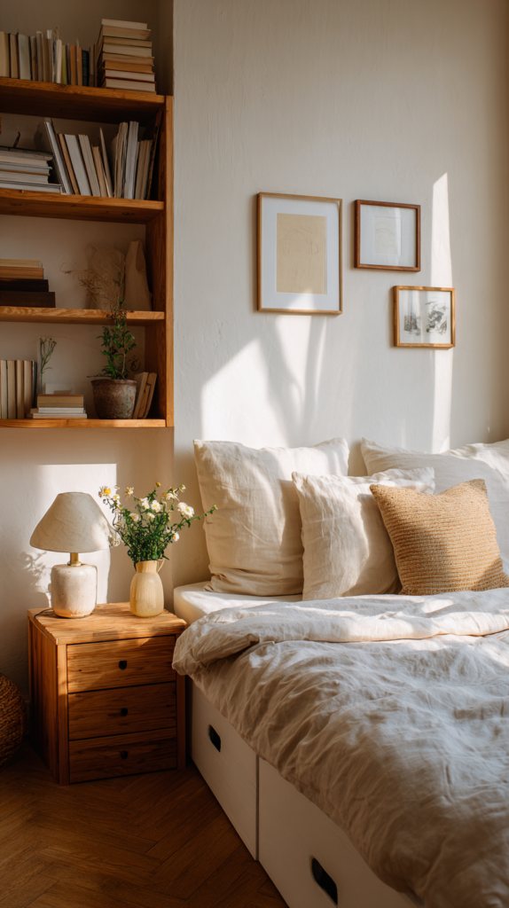 Small living area with multifunctional sofa bed and hidden storage