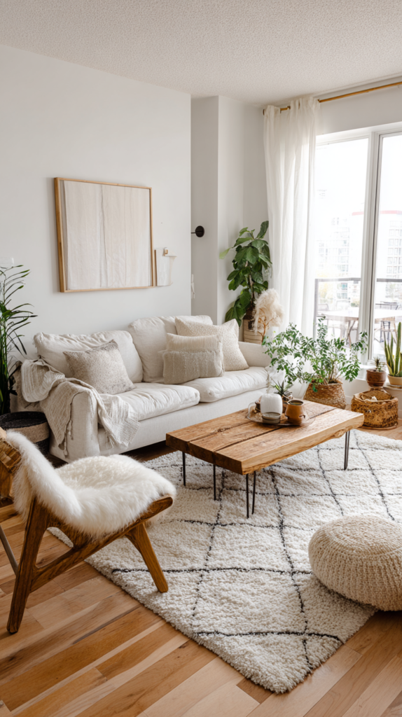 Minimalist small living room with natural materials and light colors
