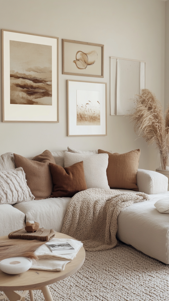 Living room with earthy-toned art and layered textiles