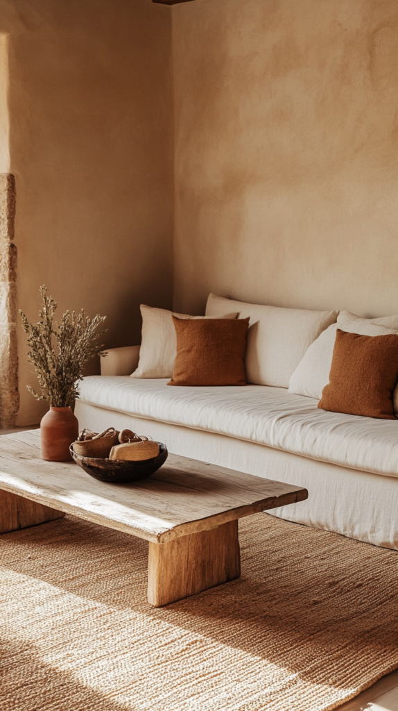 Living room styled with soft earth tones and cozy natural materials
