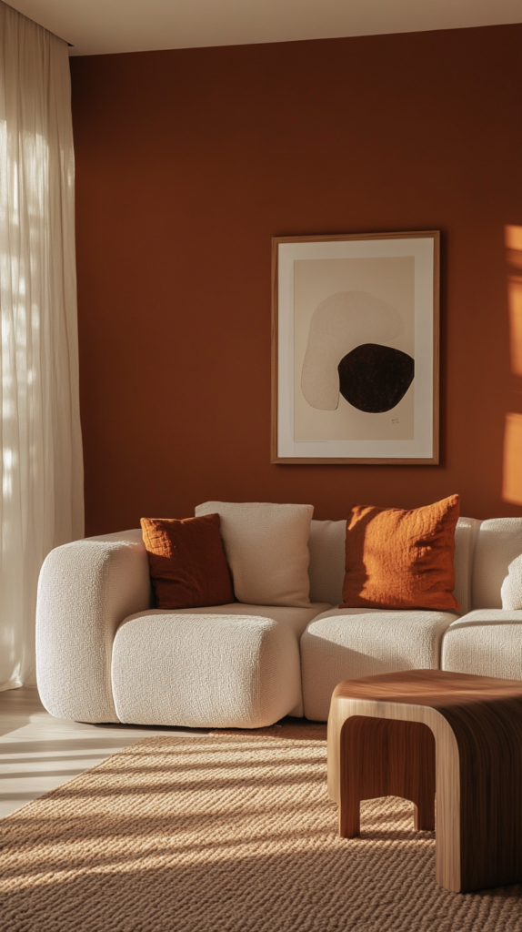 Earth-tone room with rust-colored wall and warm textures