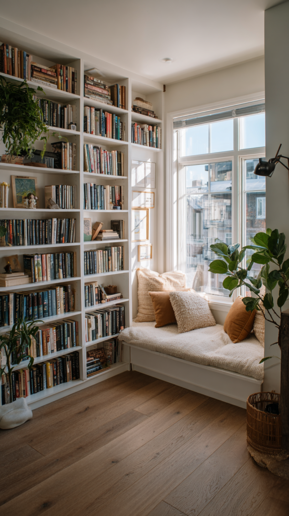 Wall-to-ceiling shelves in a small modern apartment