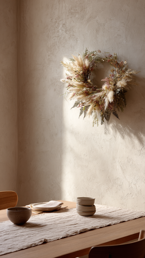 Dried flower hoop wreath with pampas grass, eucalyptus, and linen ribbon hanging on a white wall – minimal Japandi-style home décor.