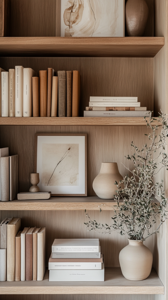 Home office bookshelves styled with art, ceramic vases, and spring-neutral books