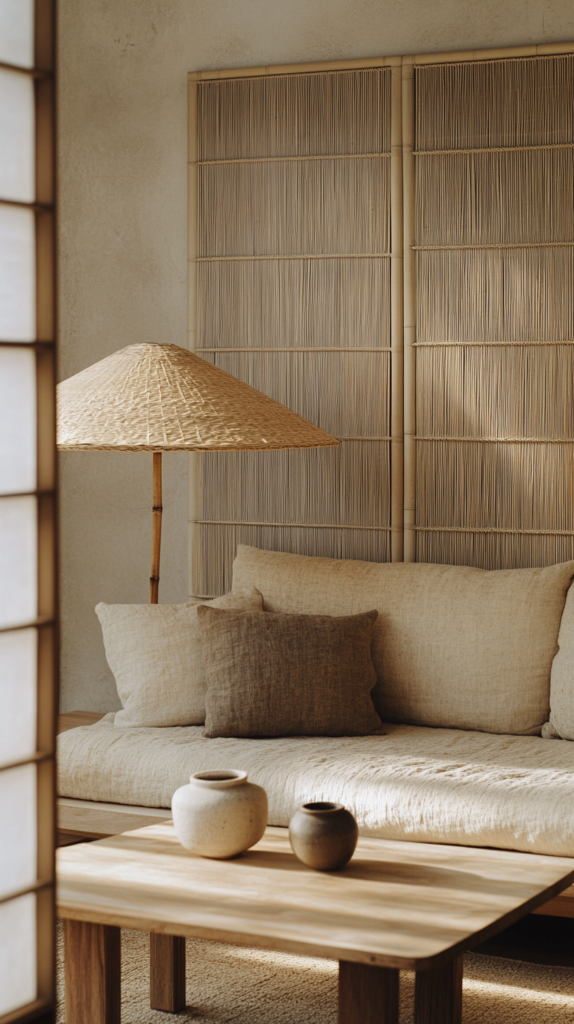 Japandi living room with Shoji Screen, solid wood sofa, linen cushions and bamboo lighting – calm and natural interior style.