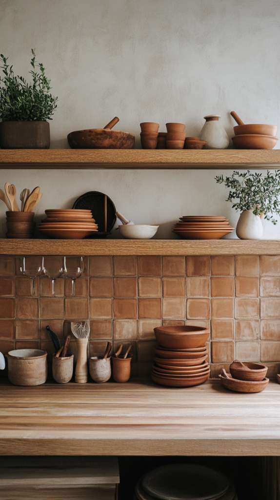 Earthy-toned kitchen with natural ceramics and terracotta highlights