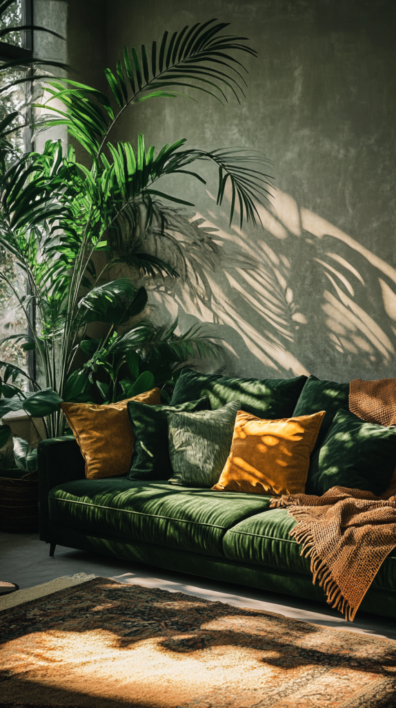 Earthy living room with green sofa, cozy pillows and natural textures