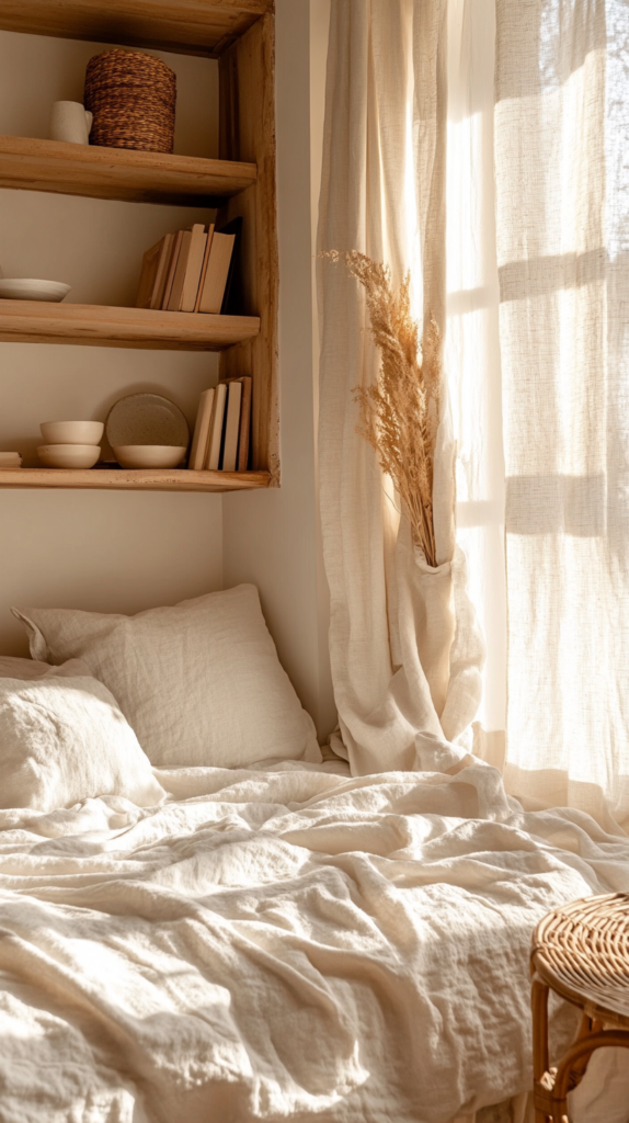 Calm interior space with neutral textures and intentionally chosen items