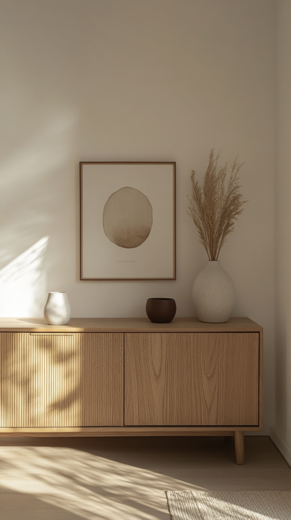 White sideboard with closed doors, minimal decor on top, and clean floor space β decluttered and peaceful.