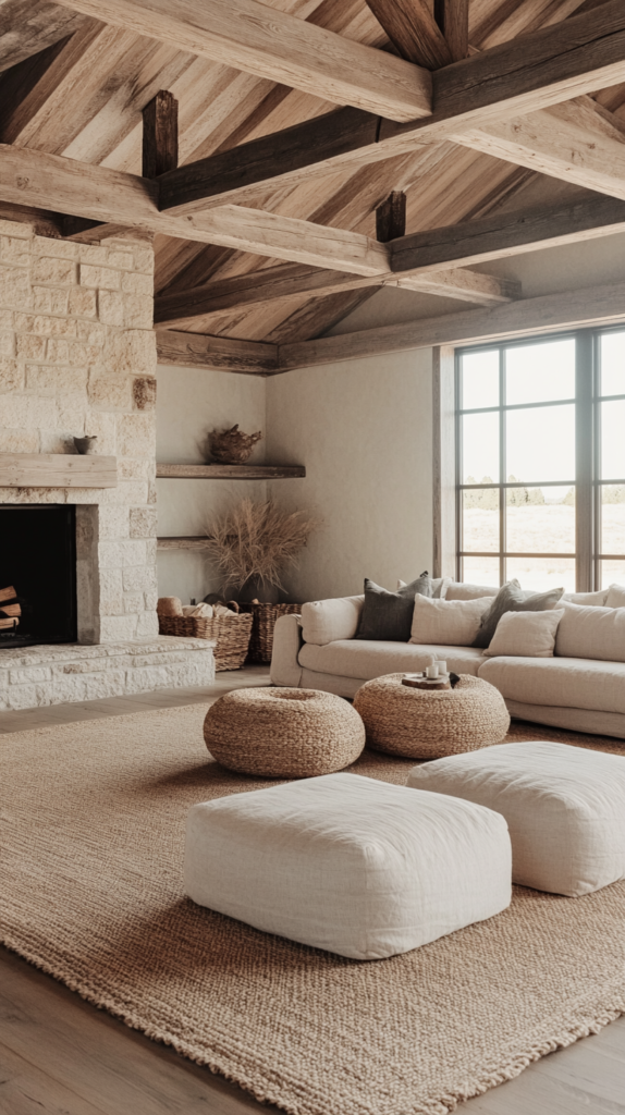 Earthy interior with stone and wood elements and warm lighting