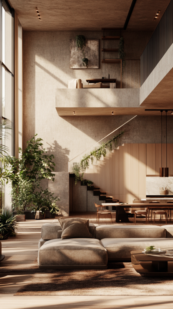 Earthy open living space with balanced layout and cozy atmosphere